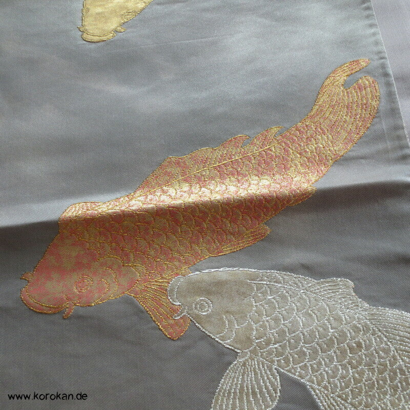 Koi Karpfen in gold, silber, kupfer Fukuro Obi Seidenbrokat Kimonogürtel