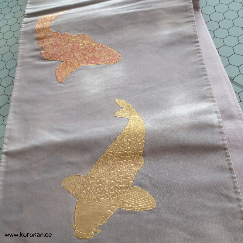 Koi Karpfen in gold, silber, kupfer Fukuro Obi Seidenbrokat Kimonogürtel
