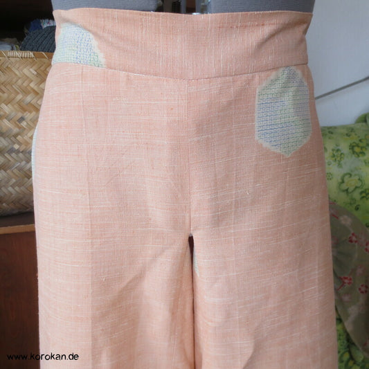 Kimono Seide Wickel Culotte Hose, apricot Seiden Kikko Kasuri, Gr. L