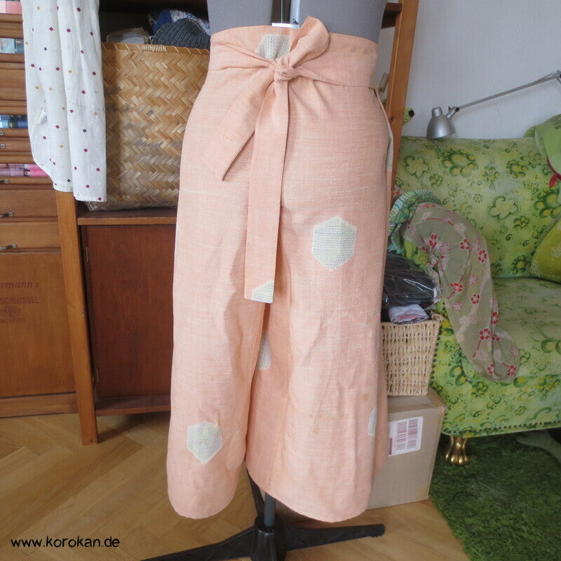 Kimono Seide Wickel Culotte Hose, apricot Seiden Kikko Kasuri, Gr. L