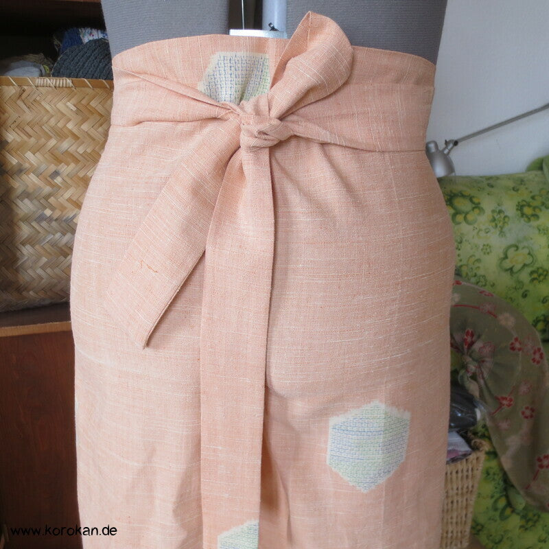 Kimono Seide Wickel Culotte Hose, apricot Seiden Kikko Kasuri, Gr. L