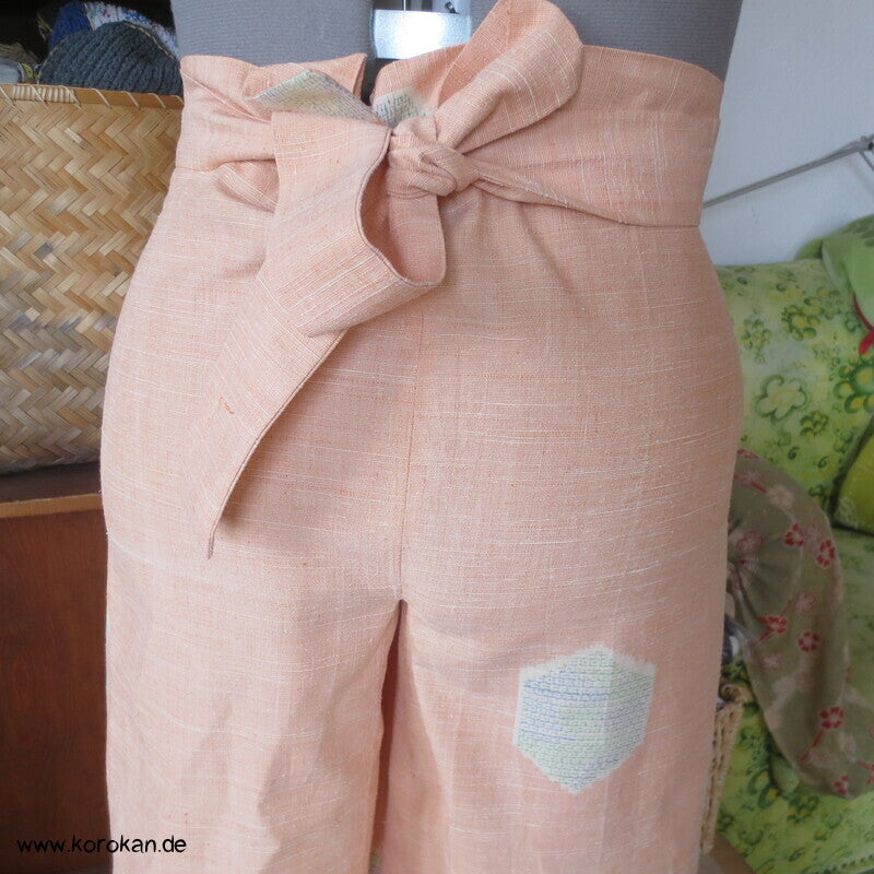 Kimono Seide Wickel Culotte Hose, apricot Seiden Kikko Kasuri, Gr. L