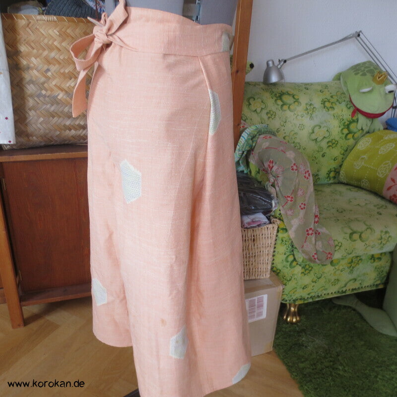 Kimono Seide Wickel Culotte Hose, apricot Seiden Kikko Kasuri, Gr. L