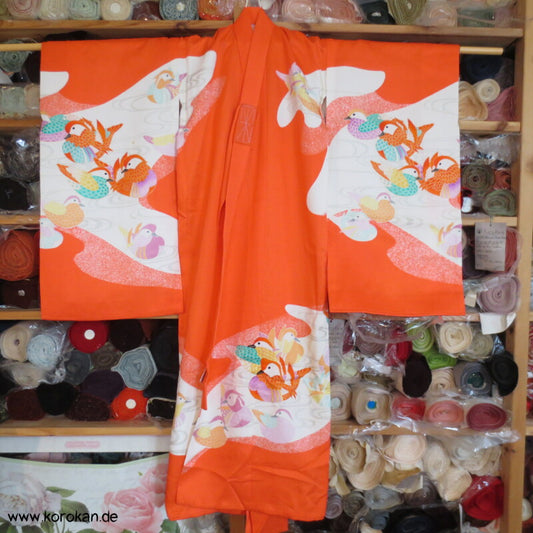 kleine Mädchen Furisode - Prachtkimono, Mandarinenten, Goldstickerei