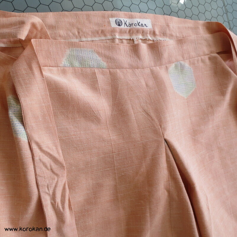 Kimono Seide Wickel Culotte Hose, apricot Seiden Kikko Kasuri, Gr. L