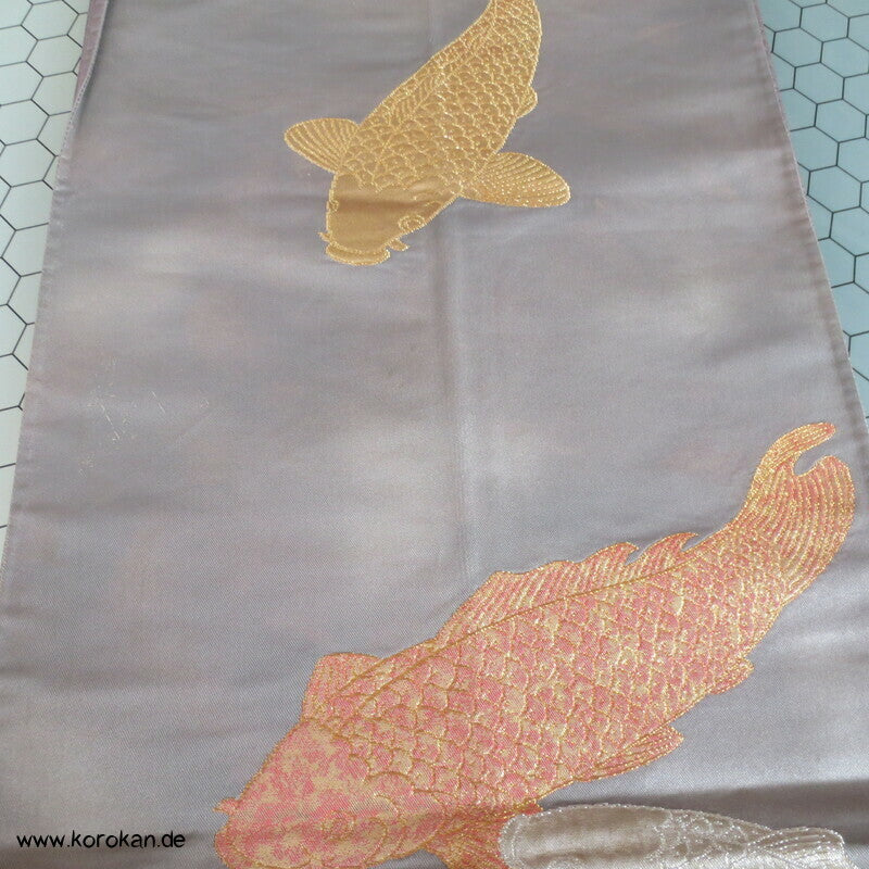 Koi Karpfen in gold, silber, kupfer Fukuro Obi Seidenbrokat Kimonogürtel