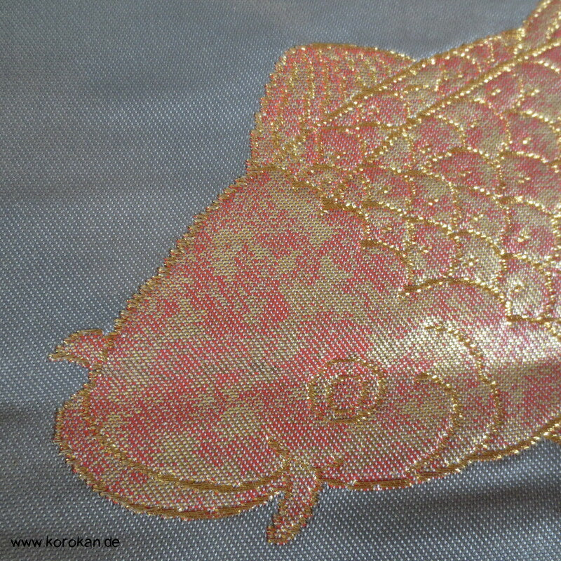 Koi Karpfen in gold, silber, kupfer Fukuro Obi Seidenbrokat Kimonogürtel