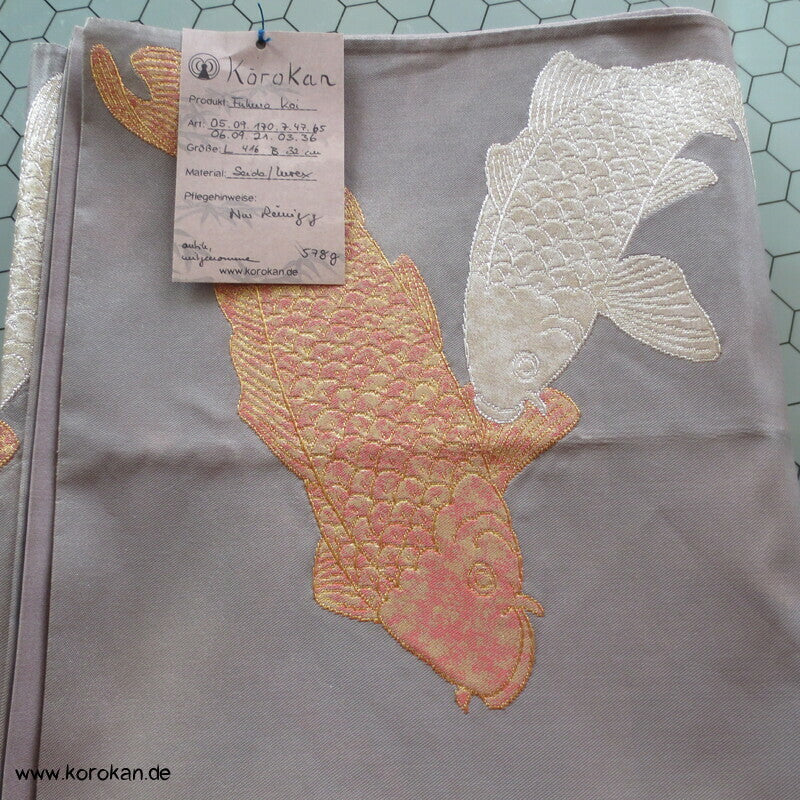 Koi Karpfen in gold, silber, kupfer Fukuro Obi Seidenbrokat Kimonogürtel