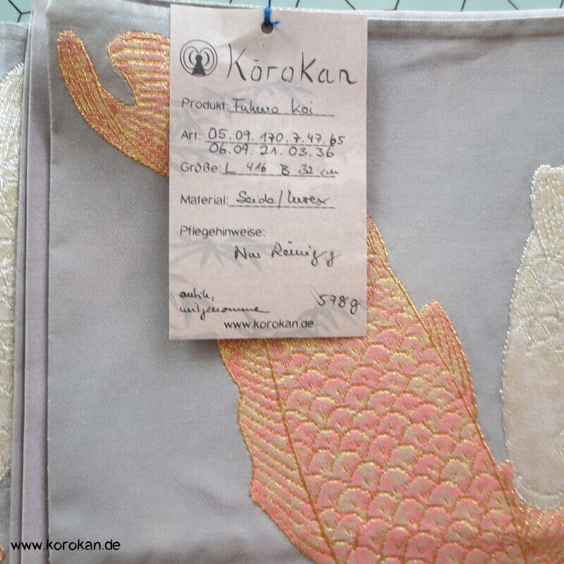 Koi Karpfen in gold, silber, kupfer Fukuro Obi Seidenbrokat Kimonogürtel