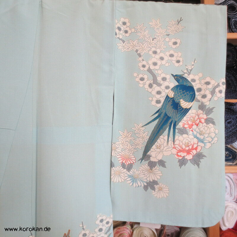 mythische Vögel im Blütenbaum Chu Furisode Seidencrepe Kimono