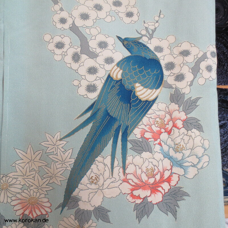 mythische Vögel im Blütenbaum Chu Furisode Seidencrepe Kimono