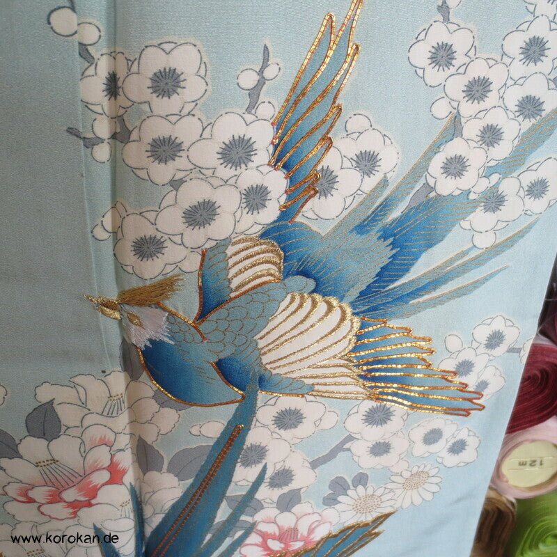 mythische Vögel im Blütenbaum Chu Furisode Seidencrepe Kimono