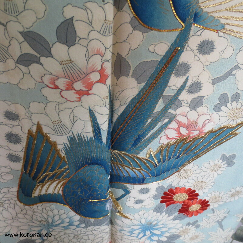 mythische Vögel im Blütenbaum Chu Furisode Seidencrepe Kimono