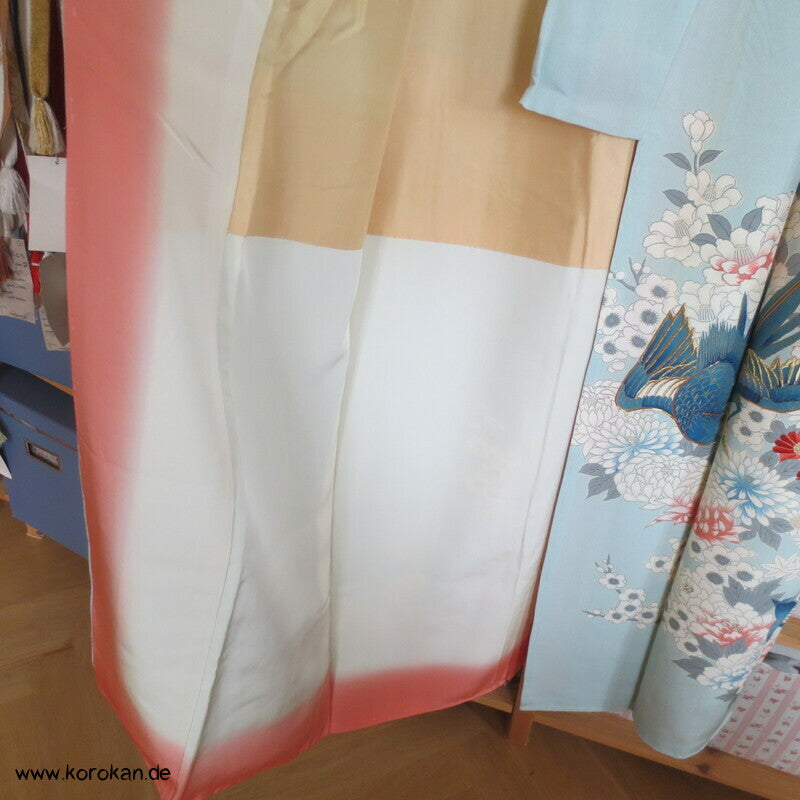 mythische Vögel im Blütenbaum Chu Furisode Seidencrepe Kimono