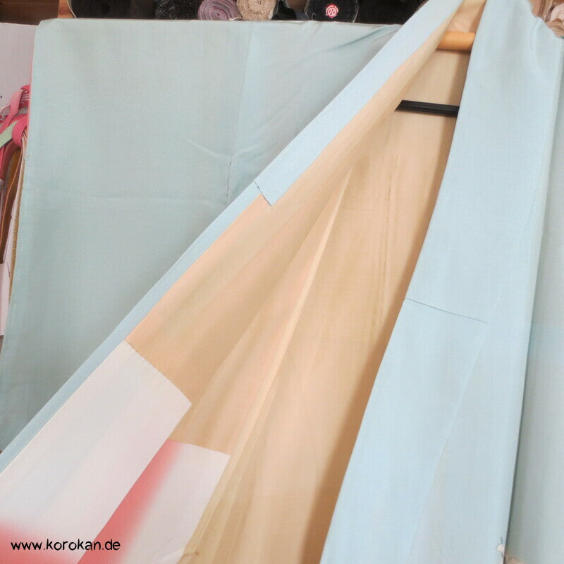 mythische Vögel im Blütenbaum Chu Furisode Seidencrepe Kimono