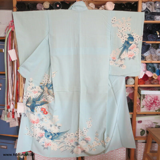 mythische Vögel im Blütenbaum Chu Furisode Seidencrepe Kimono
