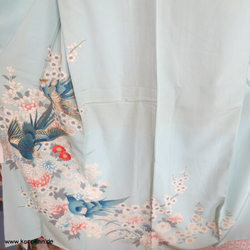 mythische Vögel im Blütenbaum Chu Furisode Seidencrepe Kimono