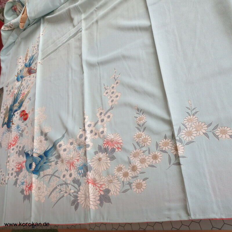 mythische Vögel im Blütenbaum Chu Furisode Seidencrepe Kimono
