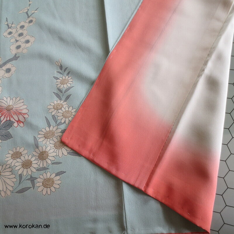 mythische Vögel im Blütenbaum Chu Furisode Seidencrepe Kimono