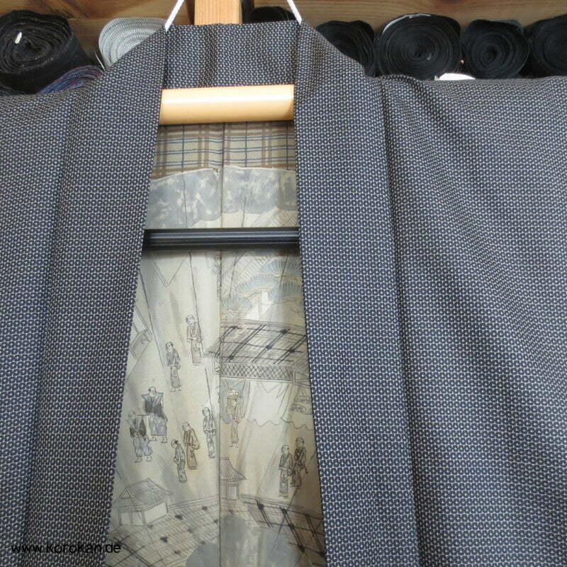 Tsumugi Kasuri Männer Haori Kimono Jacke, Fächerbild im Futter