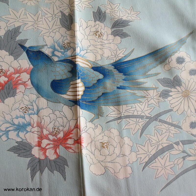 mythische Vögel im Blütenbaum Chu Furisode Seidencrepe Kimono