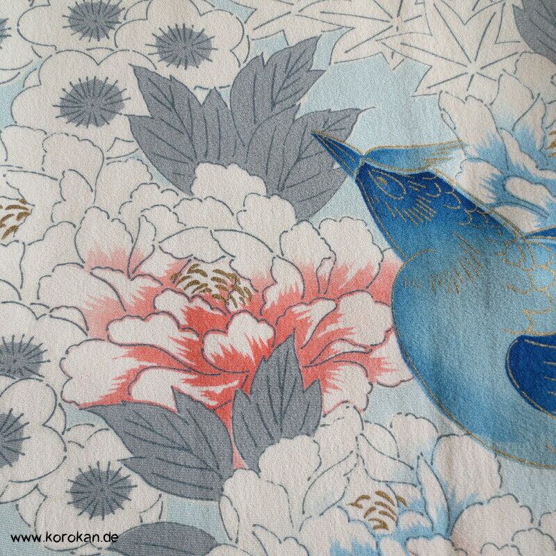 mythische Vögel im Blütenbaum Chu Furisode Seidencrepe Kimono
