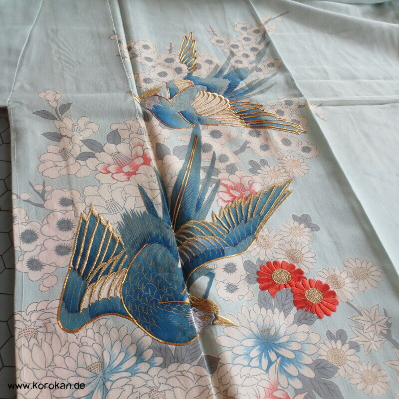 mythische Vögel im Blütenbaum Chu Furisode Seidencrepe Kimono