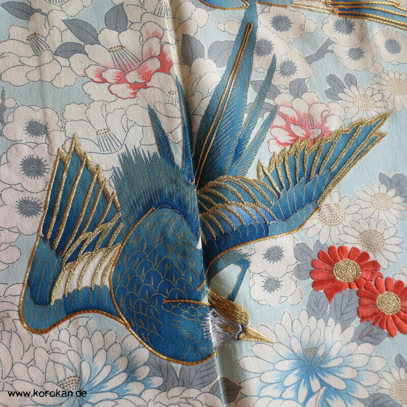 mythische Vögel im Blütenbaum Chu Furisode Seidencrepe Kimono
