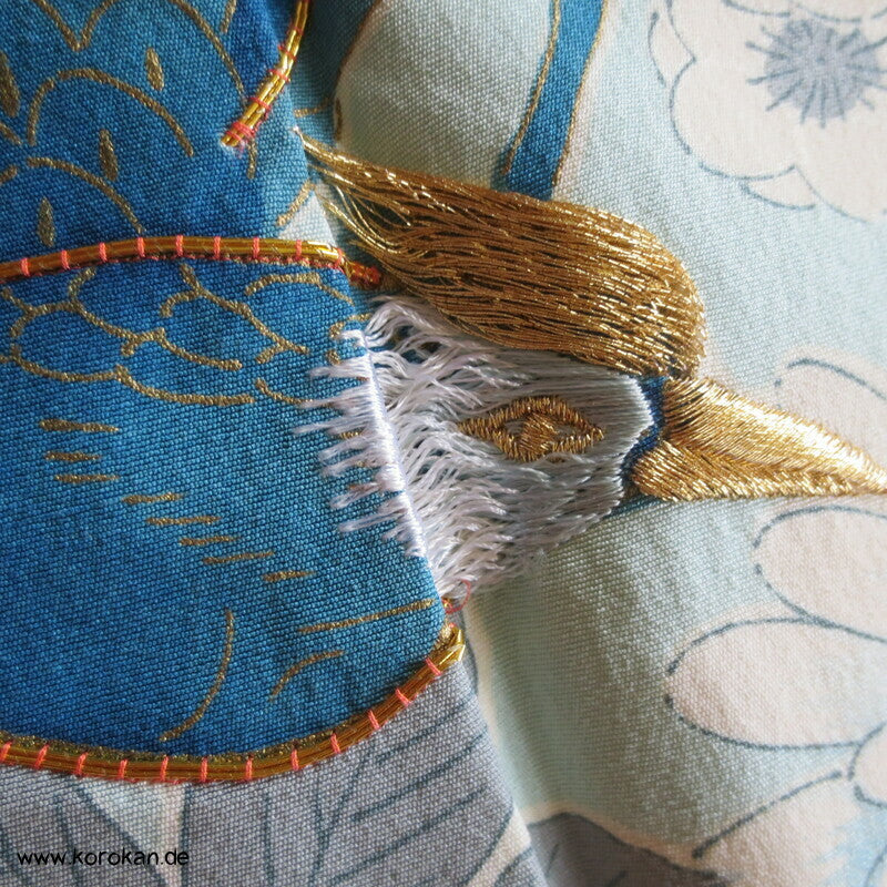 mythische Vögel im Blütenbaum Chu Furisode Seidencrepe Kimono