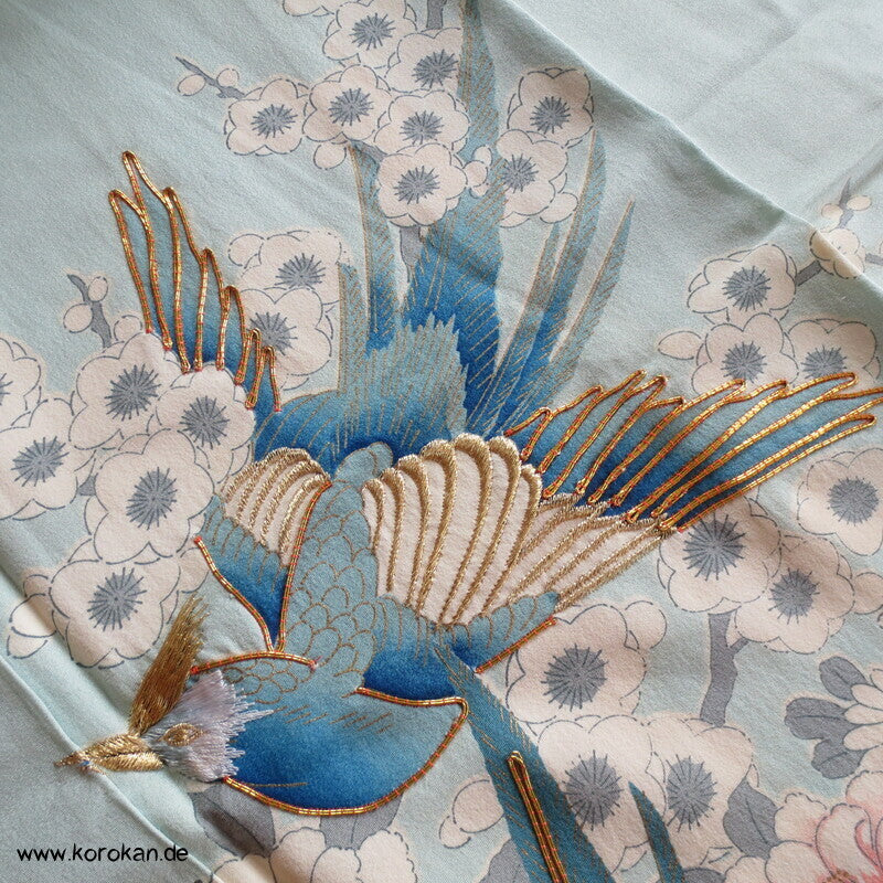 mythische Vögel im Blütenbaum Chu Furisode Seidencrepe Kimono