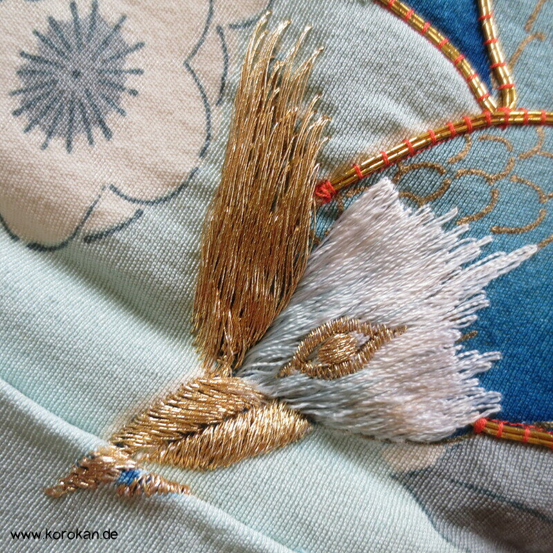 mythische Vögel im Blütenbaum Chu Furisode Seidencrepe Kimono