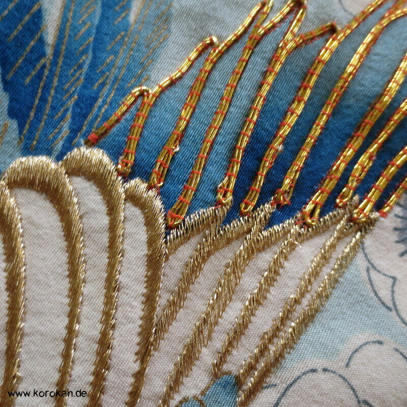 mythische Vögel im Blütenbaum Chu Furisode Seidencrepe Kimono