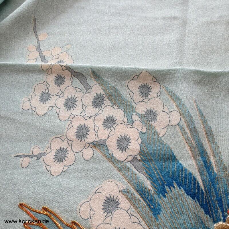 mythische Vögel im Blütenbaum Chu Furisode Seidencrepe Kimono