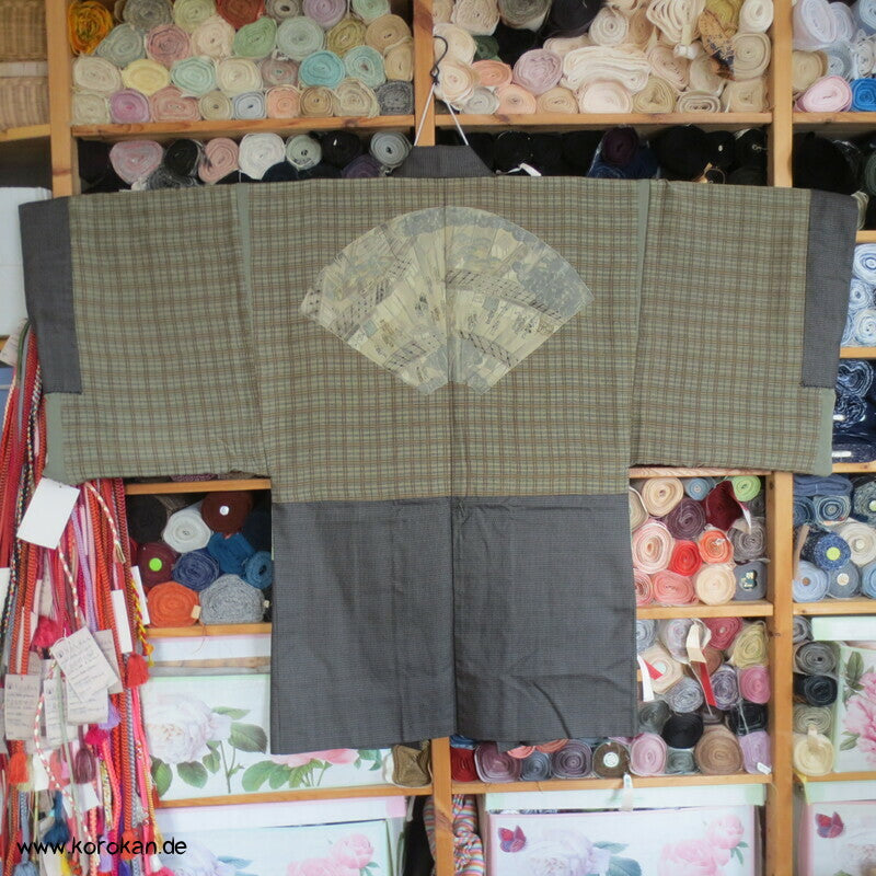 Tsumugi Kasuri Männer Haori Kimono Jacke, Fächerbild im Futter