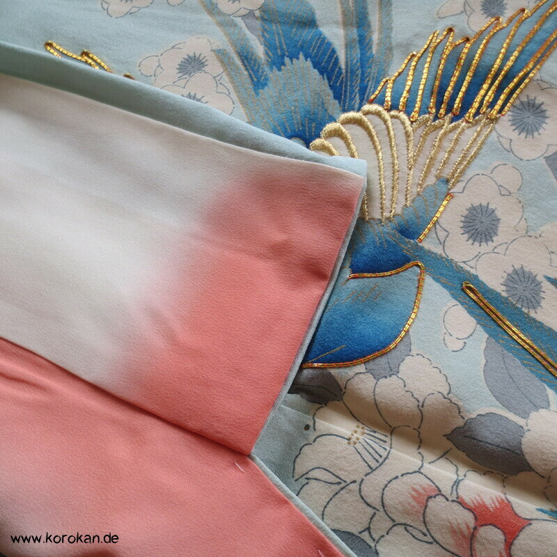 mythische Vögel im Blütenbaum Chu Furisode Seidencrepe Kimono