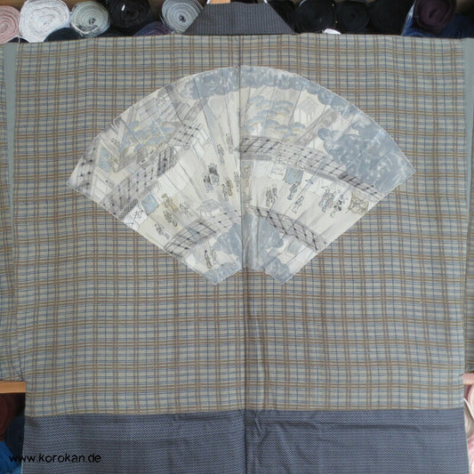 Tsumugi Kasuri Männer Haori Kimono Jacke, Fächerbild im Futter