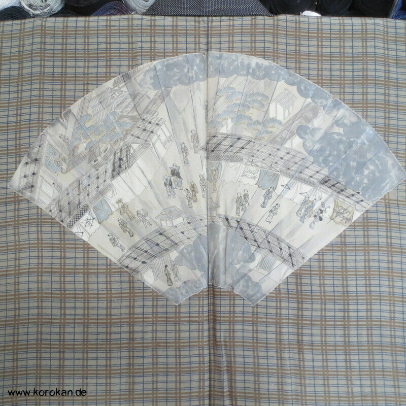 Tsumugi Kasuri Männer Haori Kimono Jacke, Fächerbild im Futter