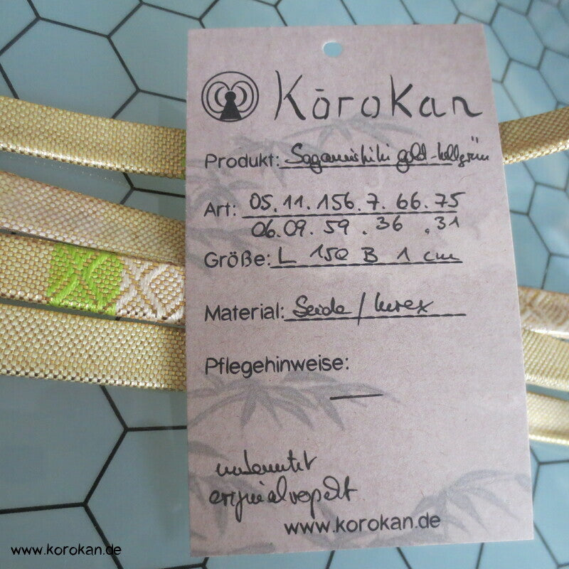 Vintage Saganishiki Obijime, Seidenbrokat, gold grün