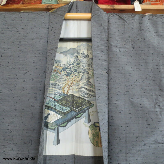 graue Fushi Tsumugi Seiden Haori Jacke, Schreibset BIld Futter