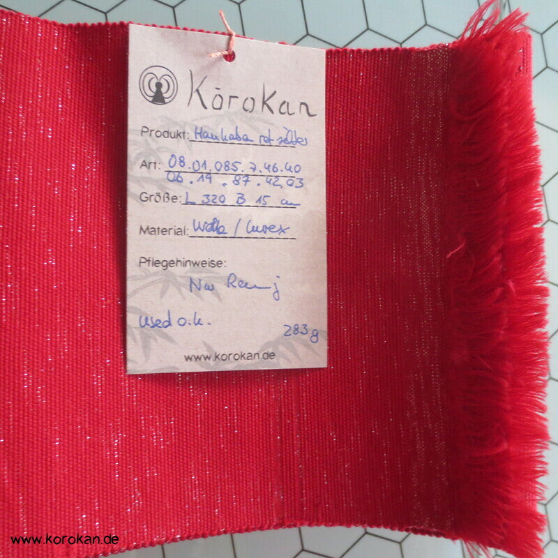 japanischer rot silberner Wolle / Lurex Hanhaba Obi
