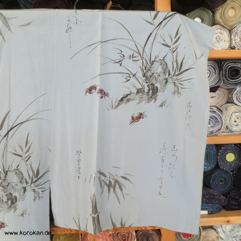 Krebse, Bambus, Kanji Gedicht Juban Kimono, Habutai Seide