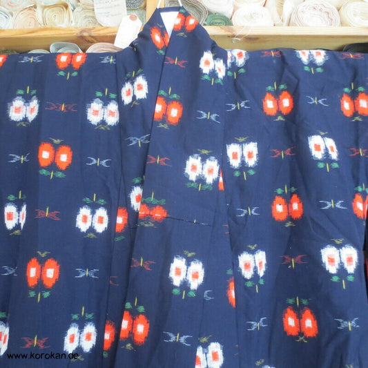 Hitoe Kasuri Woll Kimono, abstrakte Blüten auf blau