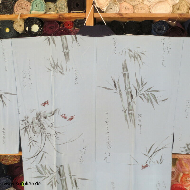 Krebse, Bambus, Kanji Gedicht Juban Kimono, Habutai Seide