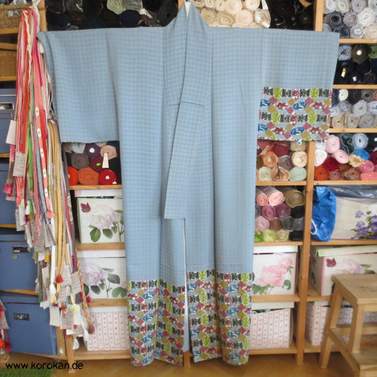 Blockdruck - Bingata Ichimatsu Karo Seidendamast Homongi Kimono