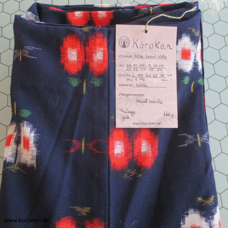 Hitoe Kasuri Woll Kimono, abstrakte Blüten auf blau