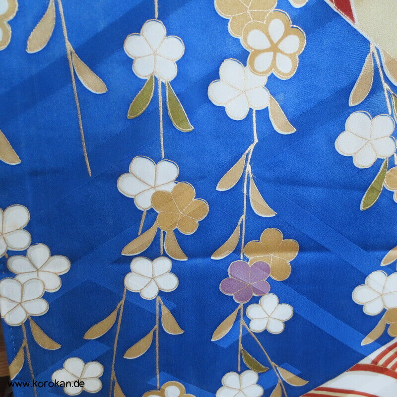 Brücken über Wellen mit Gold und hängenden Blüten Furisode Seidendamast Kimono