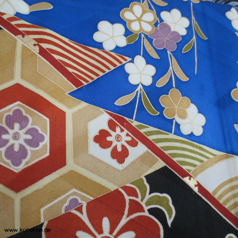 Brücken über Wellen mit Gold und hängenden Blüten Furisode Seidendamast Kimono