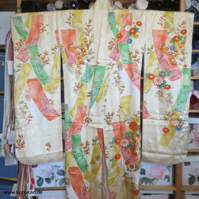 Mitzukoshi Furisode Kimono bunte Tanzaku Streifen mit Wisteria, Golddruck und Stickerei