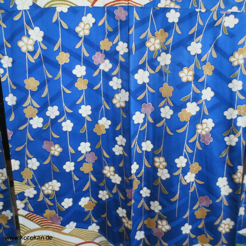 Brücken über Wellen mit Gold und hängenden Blüten Furisode Seidendamast Kimono