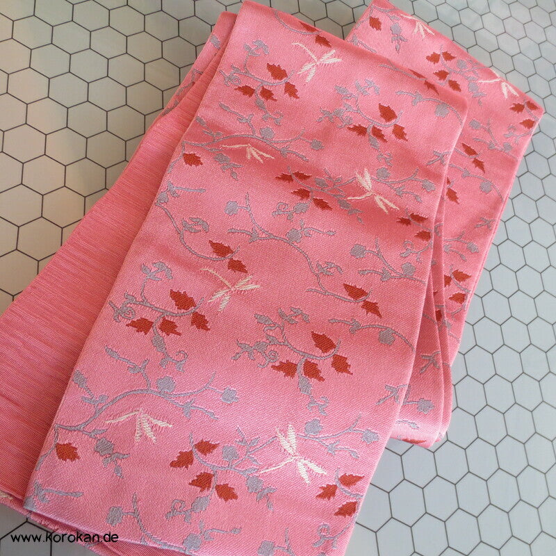 japanischer Han Haba Kimono Gürtel rosa mit Zweigen und Libellen